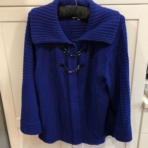 Sapphire Blue Macy’s JM Collection wide collar clasp closure knit jacket